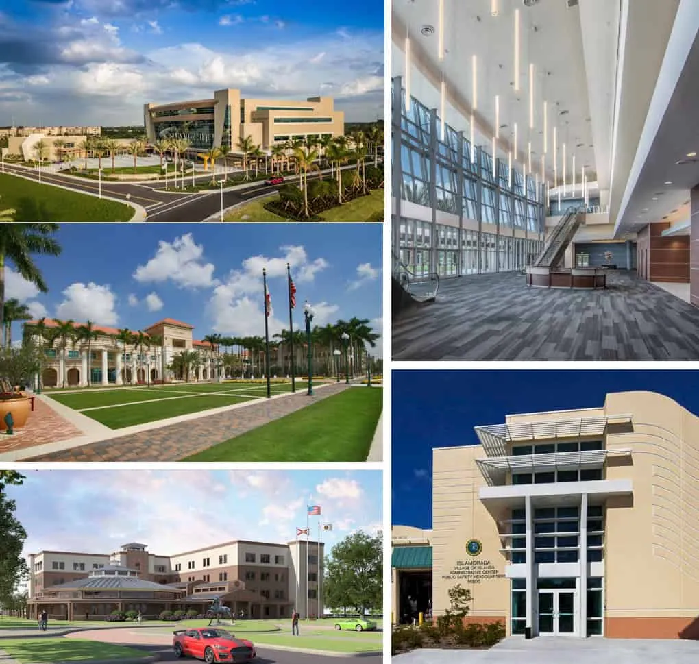 Composite of civic government buildings, including a city hall and a public safety headquarters