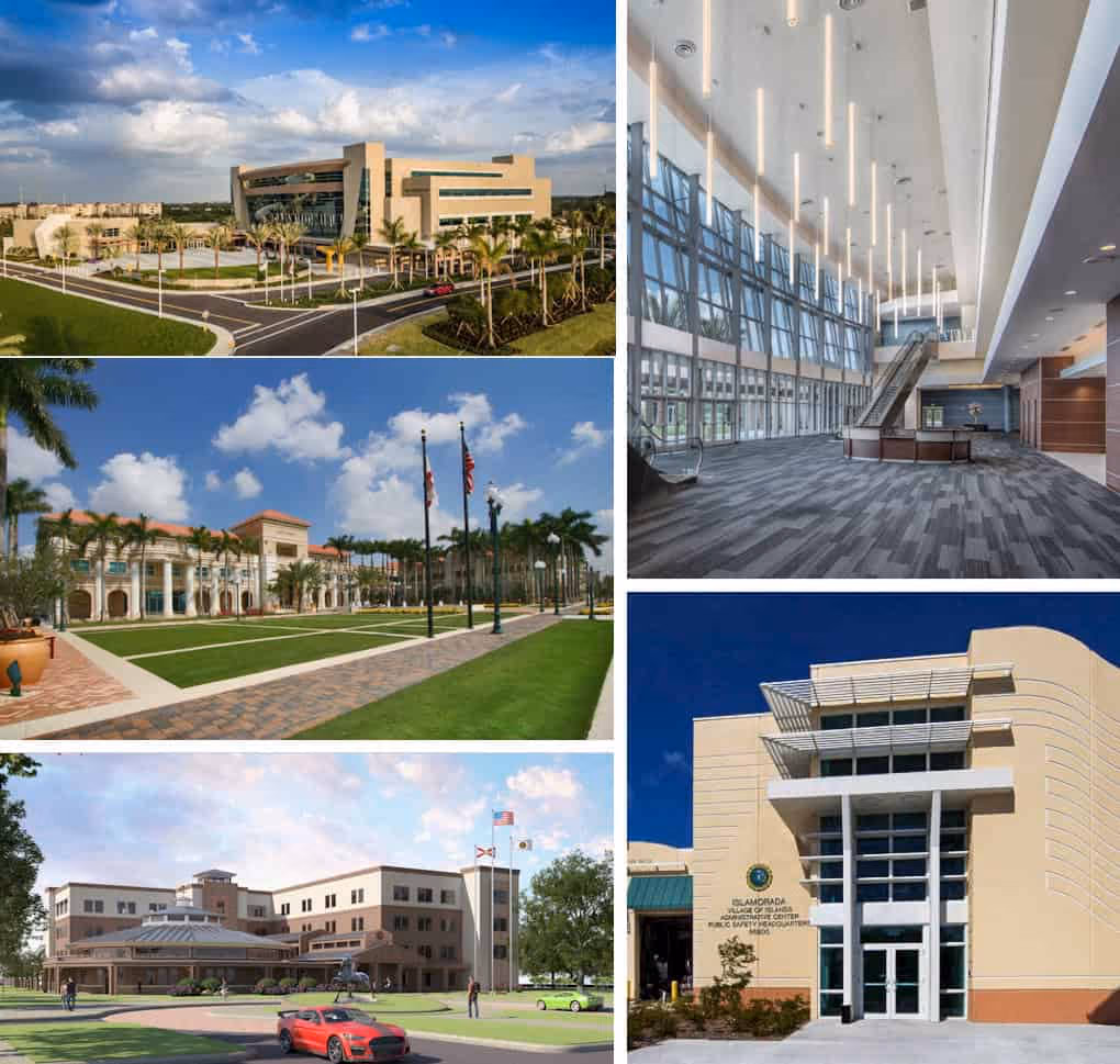 Composite of civic government buildings, including a city hall and a public safety headquarters